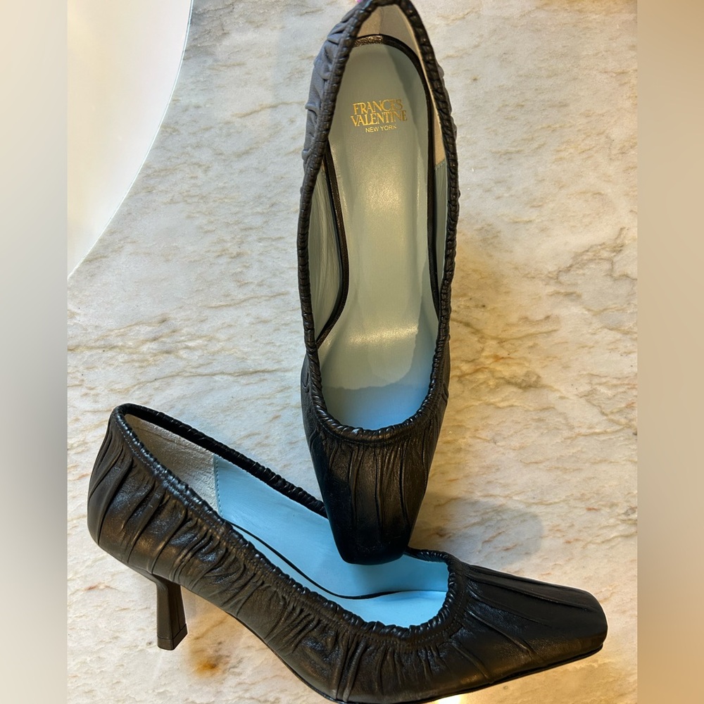 Frances Valentine Black Brita Ruched kitten heel pump. Never worn. Size 8.5